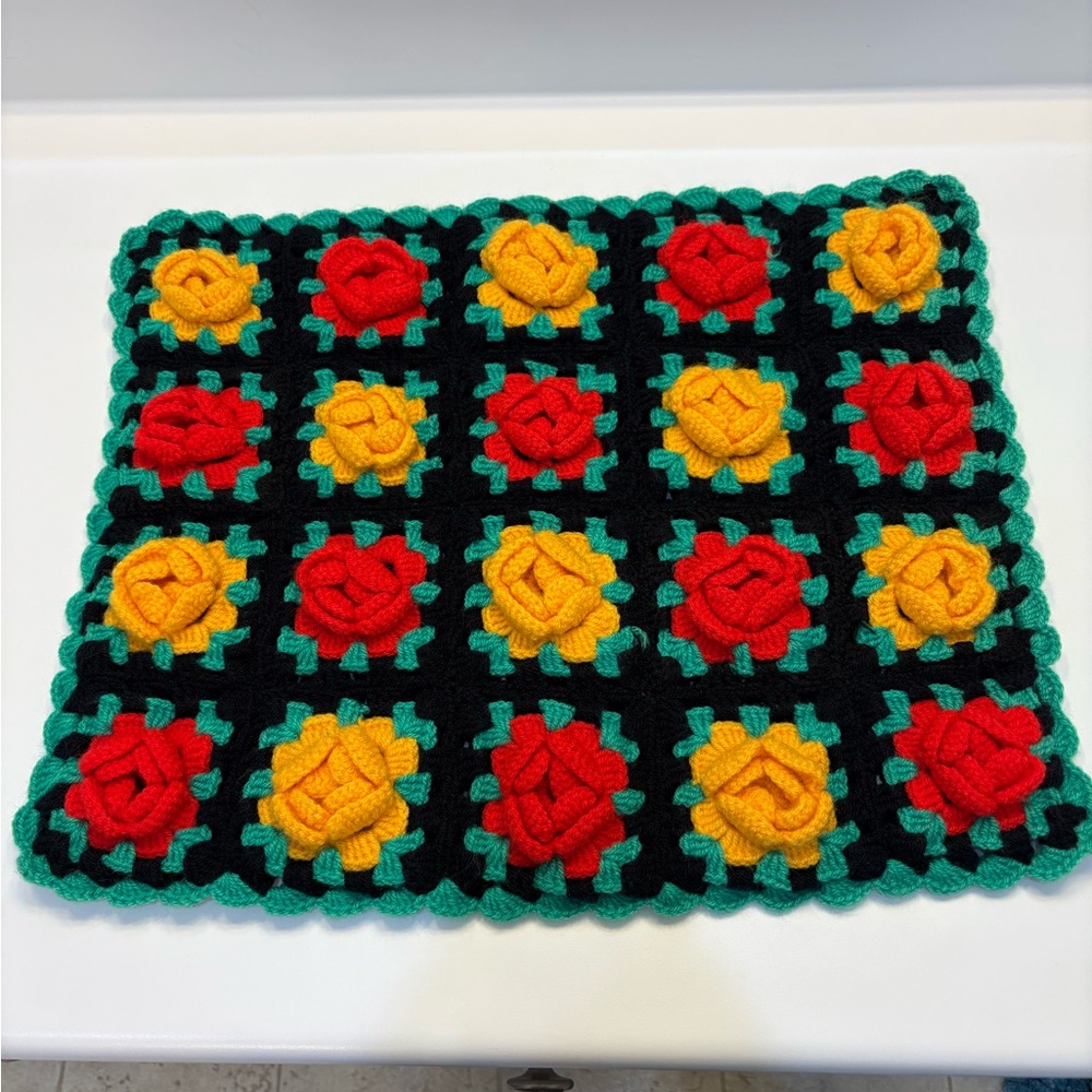 VTG Handmade Crocheted 3-D Granny Square Flower Pillow Cover Floral Cushion